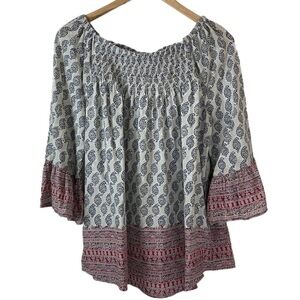 Beachlunchlounge smocked neckline 3/4 sleeve peasant blouse
